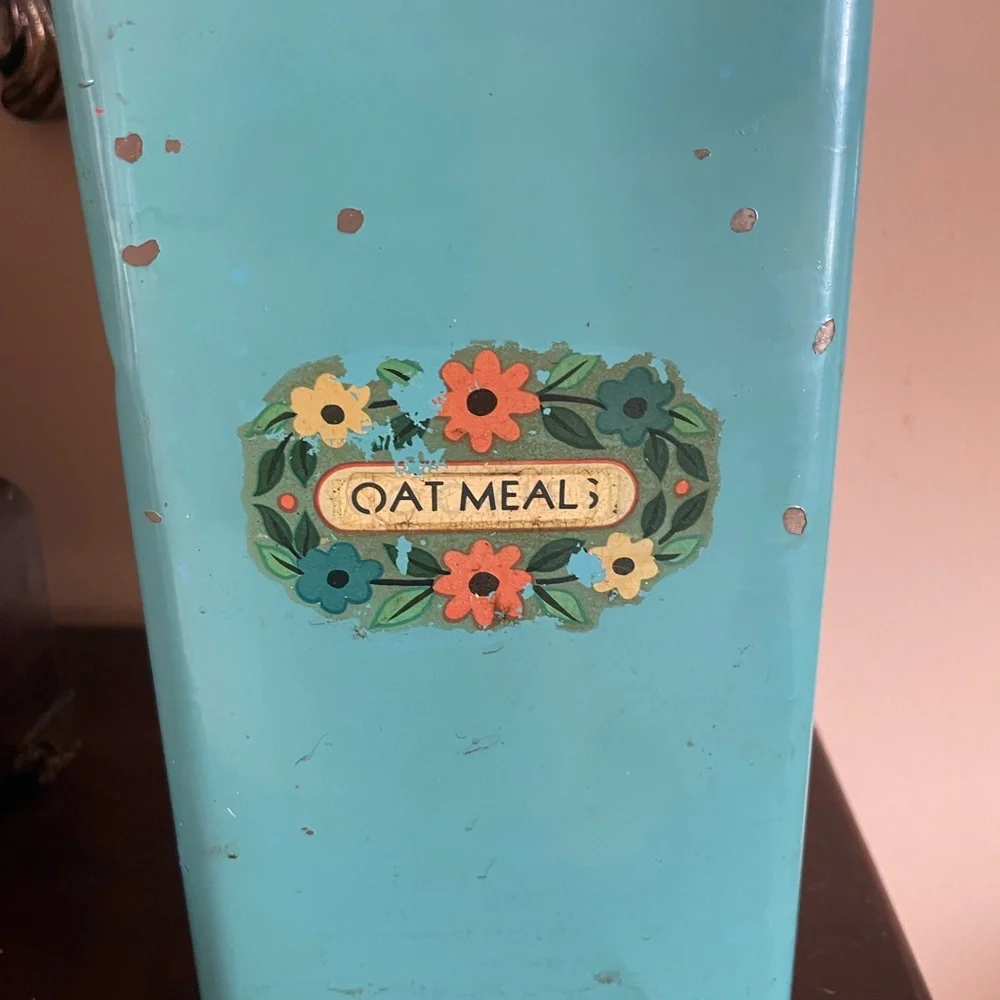 Vintage 30/40s Pink Faux Floral Display Green Tin Oatmeal Canister  10” height